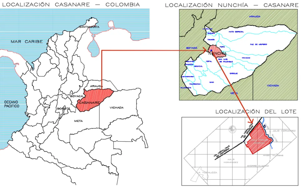 Mapa de localización de Nunchía y del lote de la zona franca